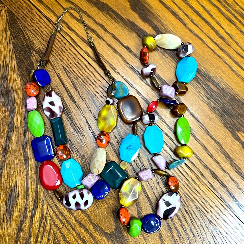 Multi Color Beads, Multi Strand Statement Necklace & 3 Stretch Bracelets
